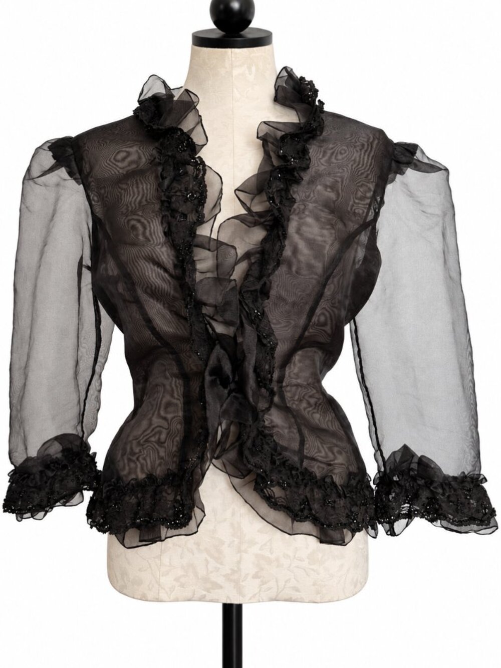 Black Sheer Ruffle Beaded Lace Evening Jacket Romantic Gothic